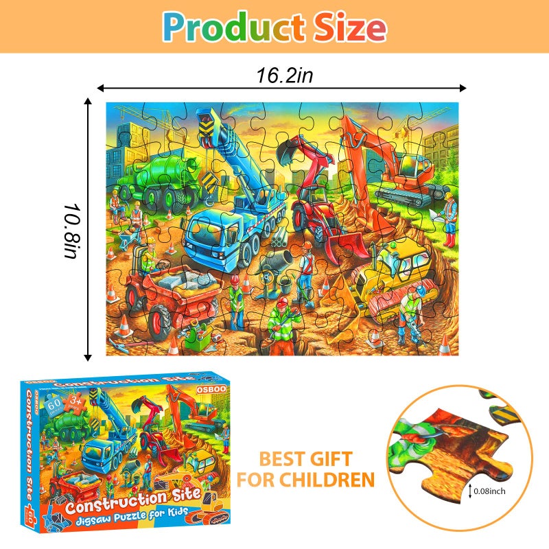 OSBOO Jigsaw Puzzles for Kids Ages 3-5  4-8  6-8 Boys Girls - 60 Piece Construction Site - Large Piece Children Floor Jigsaw Puzzles - Science Educational Toys for 3 4 5 6 7 8 Years Old - Image 3
